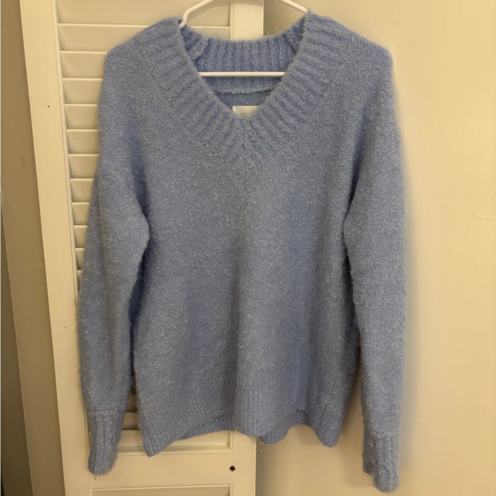 NWOT Aerie Teddy Boucle Blue V-Neck Sweater